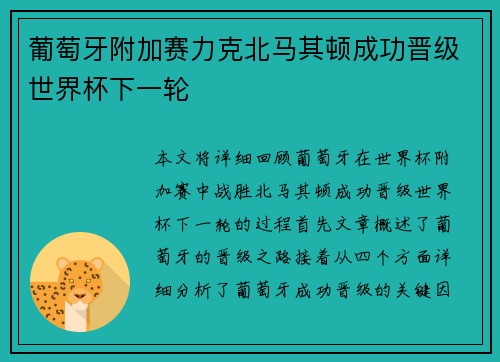 葡萄牙附加赛力克北马其顿成功晋级世界杯下一轮