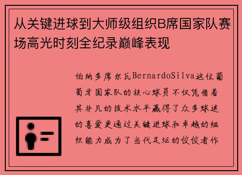 从关键进球到大师级组织B席国家队赛场高光时刻全纪录巅峰表现